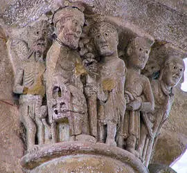 Gouverneur romain, bourreau et diable sur le chapiteau de l’arrestation de sainte Foy