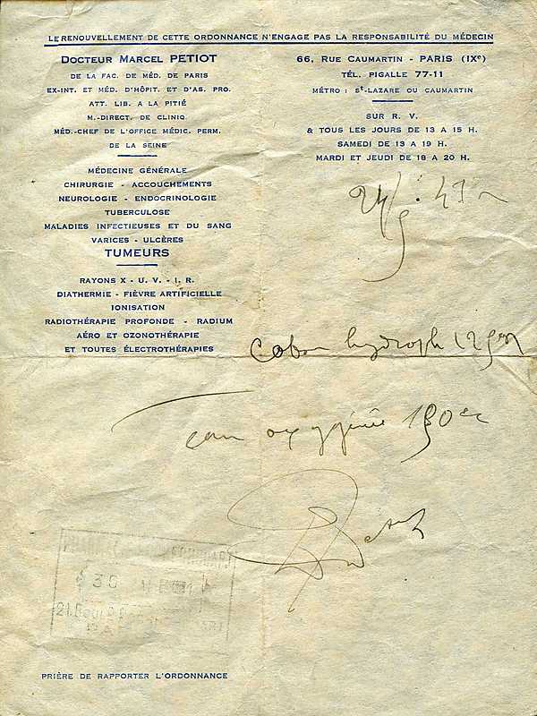 Ordonnance manuscrite de Marcel Petiot