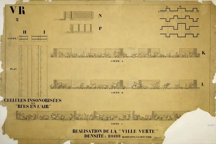Perspective des unités d’habitation entourées d’espaces verts dans la Ville radieuse
