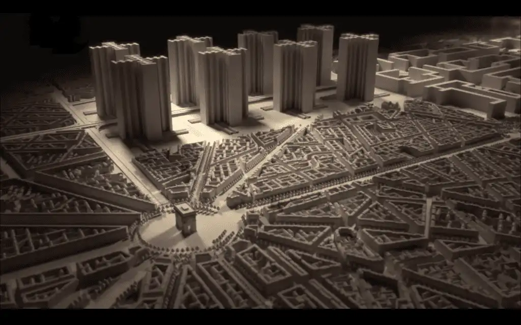 Perspective urbaine des immeubles et espaces verts du Plan Voisin