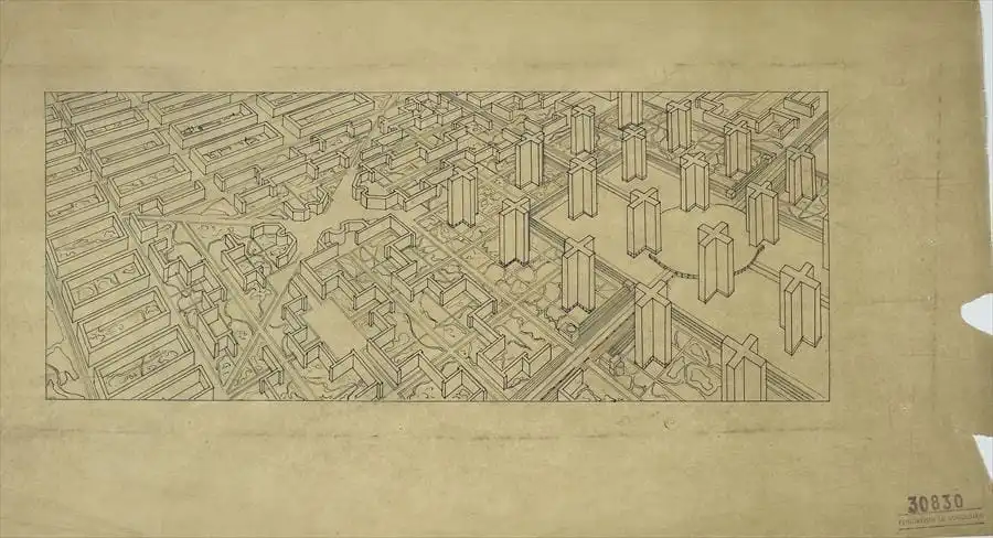 Perspective des gratte-ciel cruciformes de la Ville contemporaine
