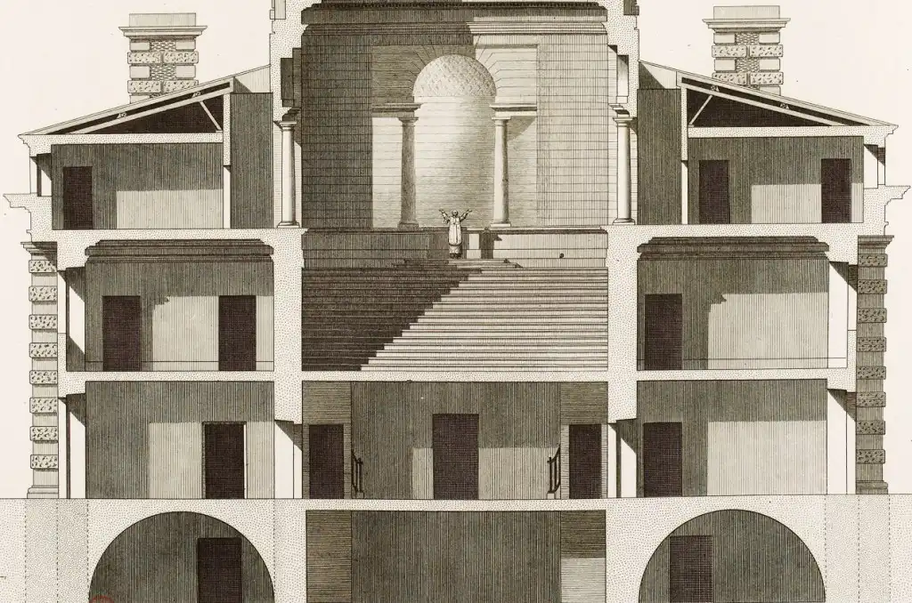 Gravure en coupe de la maison du directeur de la saline