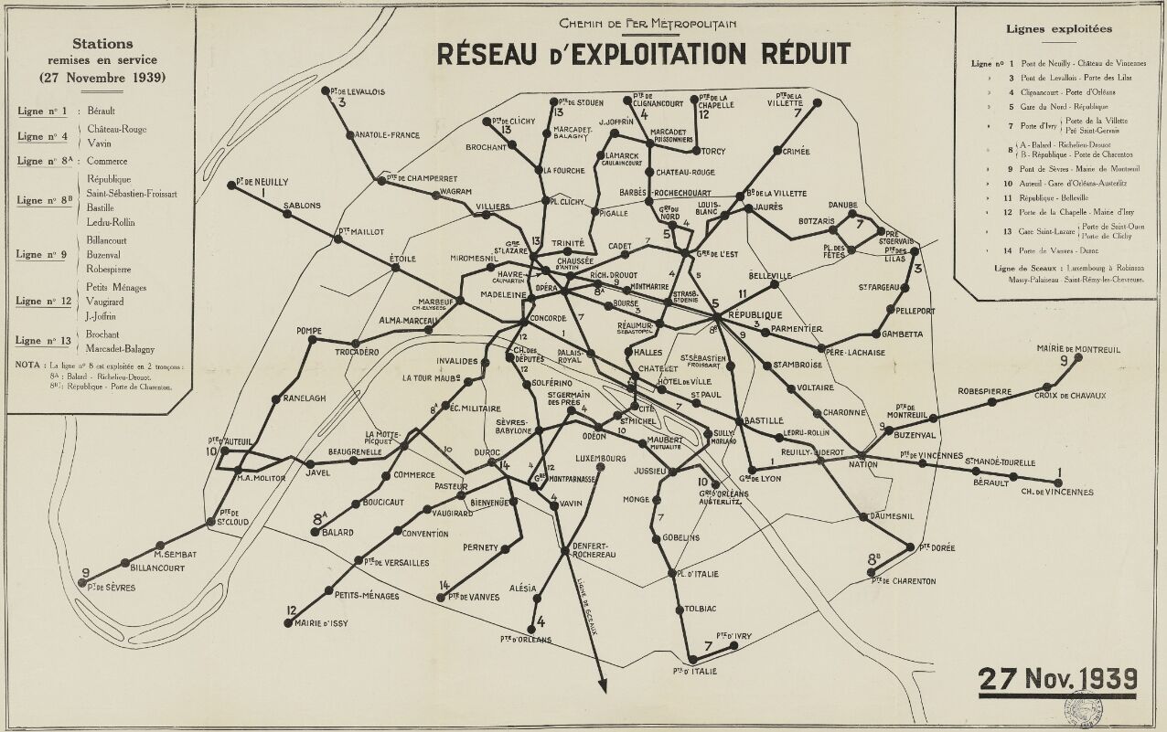Plan du réseau d’exploitation réduit du métro parisien daté du 27 novembre 1939